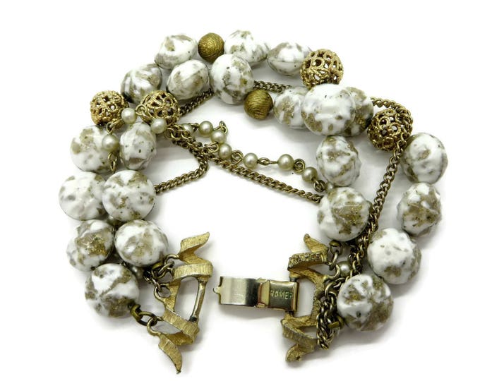 Kramer Glass Bead Bracelet Vintage Designer Signed Triple Strand White and Gold Bracelet