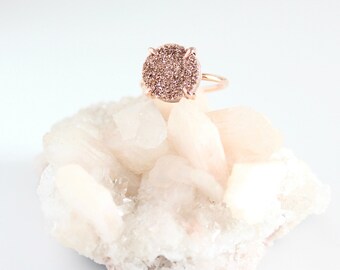 Rose gold ring - rose gold druzy ring - rose gold statement ring - geode ring - crystal ring - gift for her - raw crystal ring