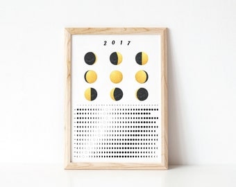 SALE 50 % 2017 Moon Phase Calendar, Lunar Calendar, Moon Phase Calendar, Eclipse Calendar, Space Calendar, Gold Moon Wall Decor