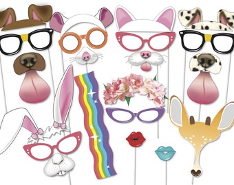 Cats and Dogs Party Photo booth Props Set - 21 Piece PRINTABLE - Snapchat filter, mouse, rabbit, flower crown, 16th, 21st, 18th birthday