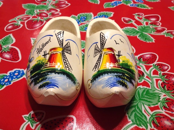 Vintage white Dutch wooden shoes with hand painted windmill