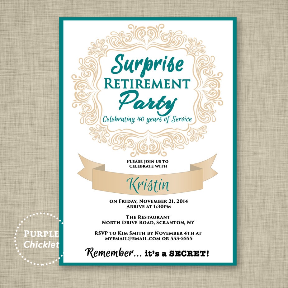 Surprise Retirement Invitation Teal and Beige Farewell