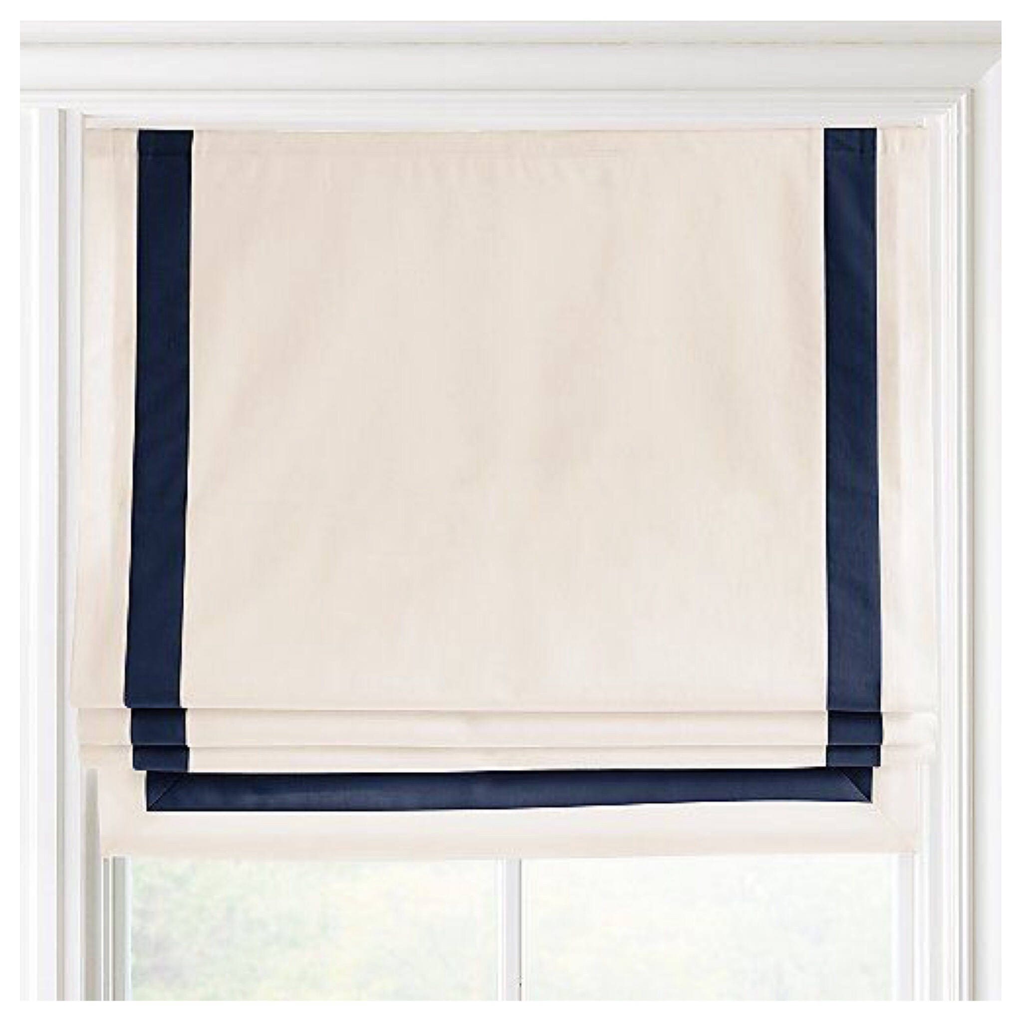 White Linen Flat Faux Roman Valances with Ribbon Trim Made to