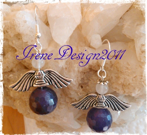 Handmade Silver Guardian Angel Earrings with Facetted Amethyst & White Opal by IreneDesign2011