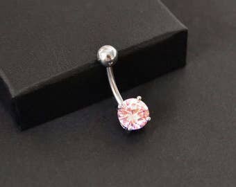 Pink CZ Belly Button Ring, Surgical Steel Belly Button Ring, Pink Belly Button Ring, 14G Surgical Steel, Pink Navel Barbell