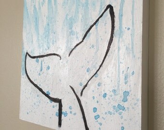 Whale Tail Painting Original. Coastal Art. Abstract. Acrylic Painting. 8x8 Wood Panel. Black White. Blue Gesso. Marine Sea Life Painting