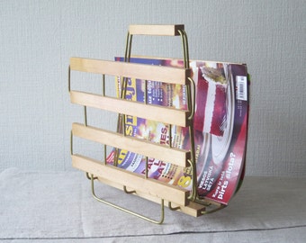 Vintage Magazine Rack Wood & Metal Newspaper Holder 70s Home Interior Portable Vinyl Record Storage Retro Magazine Stand Storage @216