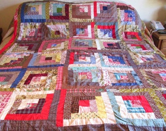 Vintage Queen Sz LOG CABIN Quilt Top Large 82x72 Retro Fabric and Feedsacks Handmade Handstitched Great Colors All Cotton Ready to Quilt