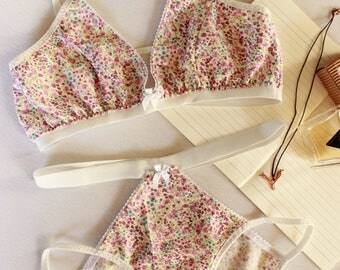 floral woven fabric lingerie, brocante pink hollow out bralette, cotton panties