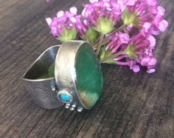 Growth 2 - sterling silver, chrysoprase and turquoise - US size 8.75