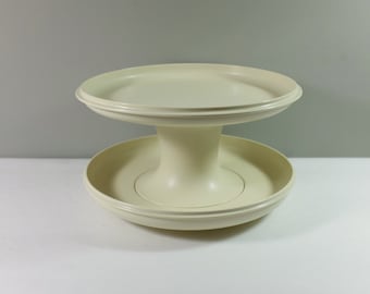 Vintage Tupperware Cake Stand and Dip Set - Tupperware 3 Piece Almond versatile Serving Tray, Cover and Stand - Tupperware Serve-It-All