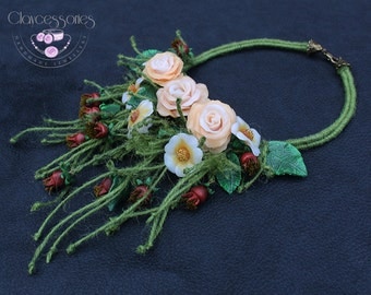 Rose necklace /Flower necklace / Nature necklace / Statement necklace / Floral necklace / Botanical necklace /dog-rose/Polymer clay necklace