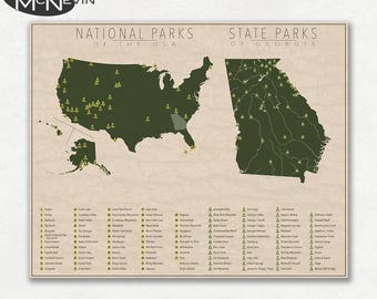 NATIONAL and STATE PARK Map of Georgia and the United States, Fine Art Photographic Print for the home decor.