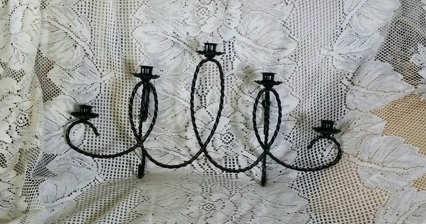Black Metal Candelabra Wall Hanging Sconce Upcycled Vintage