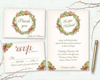 Boho boda invitación imprimible acuarela Floral invitación de la boda guirnalda Floral boda Bohemia invita a románticos de boda Floral