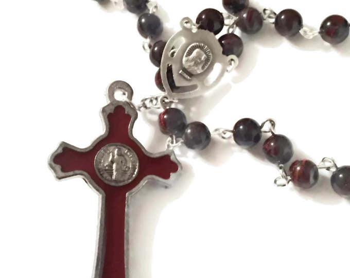 Necklace Red Tigers Eye & Enameled Crucifix // Rosary Inspired Necklace // Mutistrand Necklace // St. Benedict Cross Necklaces Women Mom