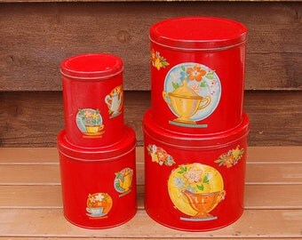 Red Canister Set, Vintage Tinware Canisters, Retro Canisters, Flower Canisters, Kitchen Canisters