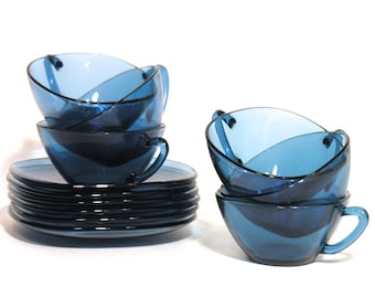 Vereco France - Set of 6 Blue Glass Cups and Saucers - 1960 - Coffee / Tea Cups - Houseware - French Classic - Kitchenware 70's Classic