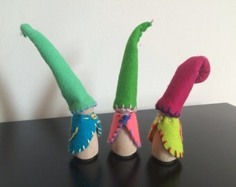 Spiral Gnomes, Mystic Spiral, Peg Dolls, Wooden toys, Waldorf inspired, Rainbow, Wool felt gnome hats, Natural wood, Hand sewn, peg people