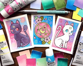 Sailor Moon Luna/Artemis/Compact Mini ACEO ATC Prints by Michelle Coffee