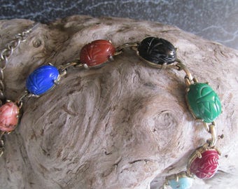Scarab Beetle Multi Colored Stone Necklace