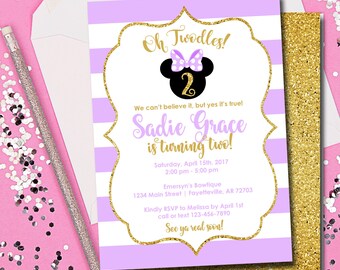 Minnie Mouse Invitation, Minnie Mouse Birthday Invitation, Oh Twodles, Birthday Invitation, Purple and Gold, Minnie, Printable 5x7