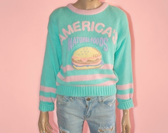 Vintage 80s Pastel Fairy Kei Kawaii Hamburger Sweater Junk Food Ugly Novelty Pink Green Oversized rare Small