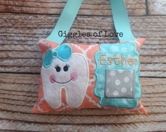 Personalized Tooth Fairy Pillow - Girl Tooth - Coral and Aqua