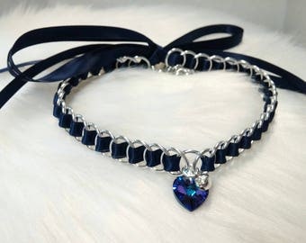 Discreet Blue Ribbon Maille Submissive Day Collar with Swarovski Crystal Heart Pendant and Bell, DDLG, Baby Girl