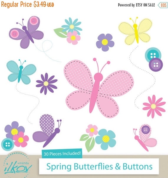 CHRISTMAS SALE Spring Butterflies & Buttons Clipart by AmandaIlkov