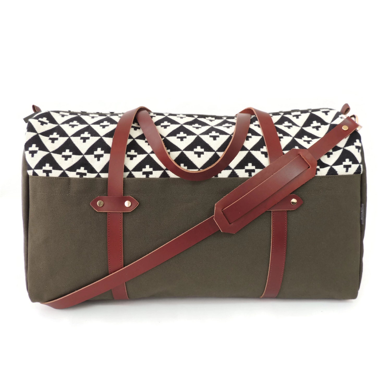 Large Canvas Weekender Bag in Black and White with Leather