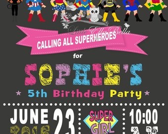 Superhero Supergirls Personalised Invitation Wonderwoman Supergirl Batgirl Spidergirl