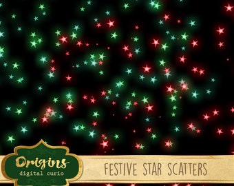 70% OFF Festive Star Scatters Clipart, Christmas star clip art, red and green magic sparkle glitter Holiday overlays, glowing star graphics
