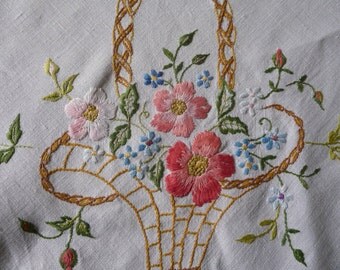 Hand Made Tablecloth Vintage Embroidered Linen Flower Baskets 51" 130cms