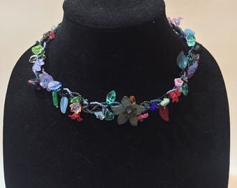 Women's Braided Floral Choker Necklace with Czech Beads & Swarovski Crystals