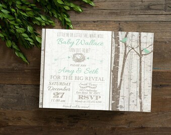 Sage Green Burch Tree Gender Reveal Invite, Rustic Birch Tree Bird & Nest Gender Reveal, Simple Casual, Digital File,