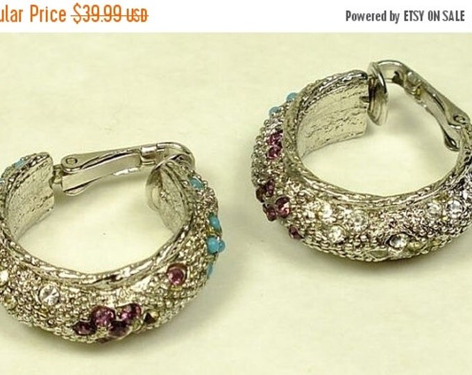 Storewide 25% Off SALE Beautiful Vintage Designer Style Large Hoop Earrings Featuring Flush Set Amethyst and Rhinestones with Specks of Blue