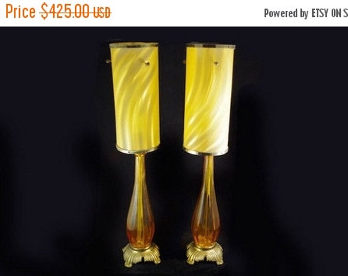 Storewide 25% Off SALE Beautiful Mid-Century Vintage Designer Cylinder Table Lamps Featuring Classic Brown Glass Base and Yellow Plastic Lam