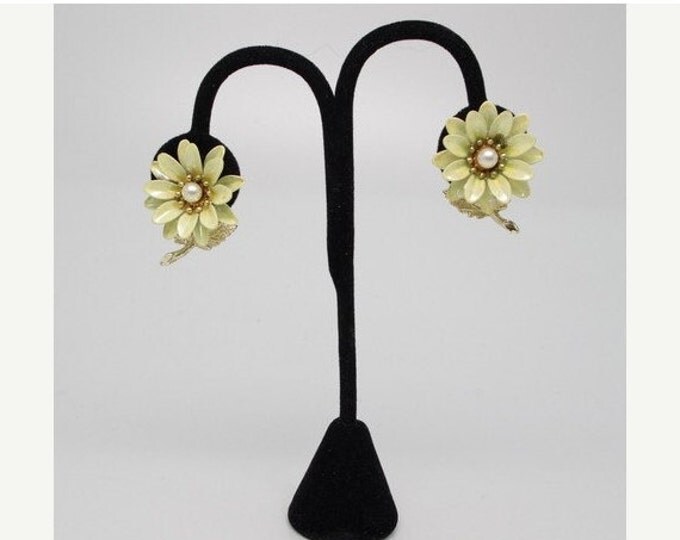 Storewide 25% Off SALE Vintage Sunshine Yellow Enamel CORO Designer Signed Clip Earrings Featuring Daisy Flower Design With Pearl Beaded Cen
