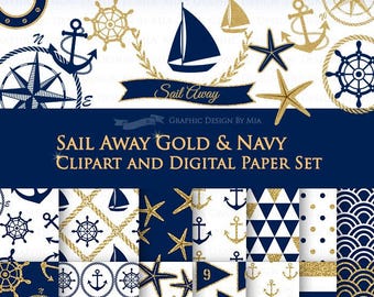 30% off Sail Away Gold & Navy Clip Art + Digital Paper Set / Nautical Clipart / Nautical Digital Paper - Instant Download