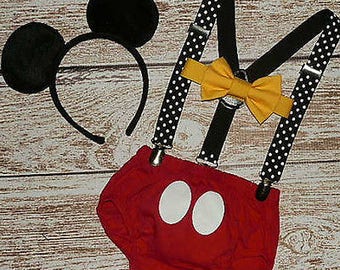 Mickey Mouse boys suspenders bow tie ears diaper cover cake smash 1st Birthday outfit headband
