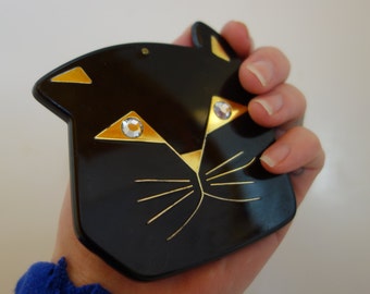 1980s cat compact mirror with rhinestone eyes unique cute kitschy crazy cat lady rhinestones goldtone vintage cats kitties makeup mirror
