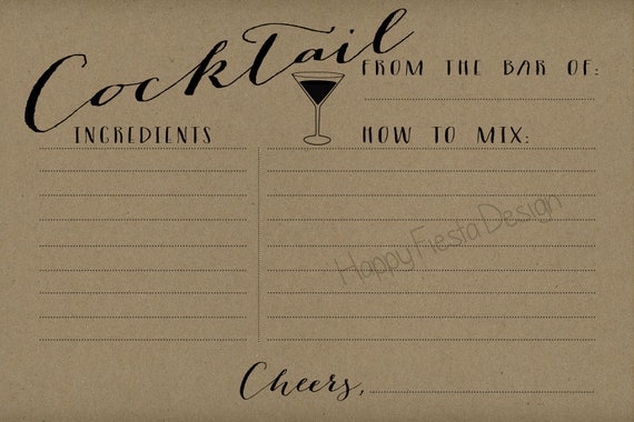 PRINTABLE Cocktail Recipe Card-4x6 Cocktail Card-Bridal Shower