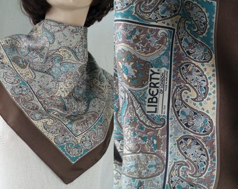 Brown c1970's Liberty of London Silk Scarf Paisley Orchids Mini Floral . Mid Century Head Square . Foulard Soie .