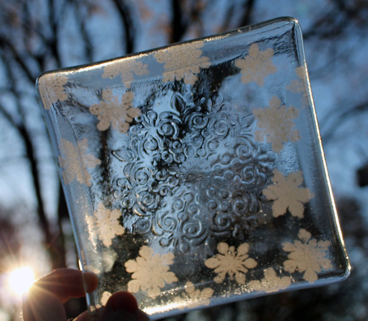 Snowflake Embossed Fused Glass Plate OOAK Fused Glass Winter