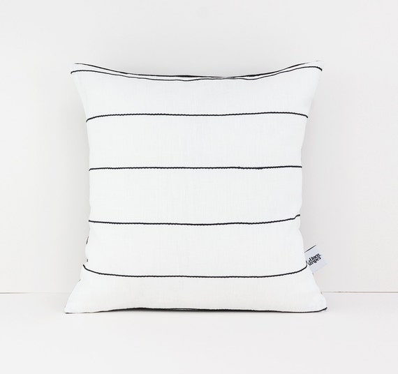 White throw pillow with Black cotton stripes Textured