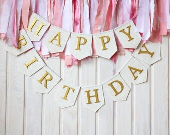 Happy Birthday Gold Banner, burlap happy birthday banner, happy birthday sign, birthday decor, happy birthday bunting, country Banner