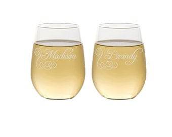 Set of 8 Bridesmaid Gifts, Personalized Bridesmaids Gift, Custom Engraved Wine Glassware, Engraved, Bridal Party Gift, Stemless Wine Glasses