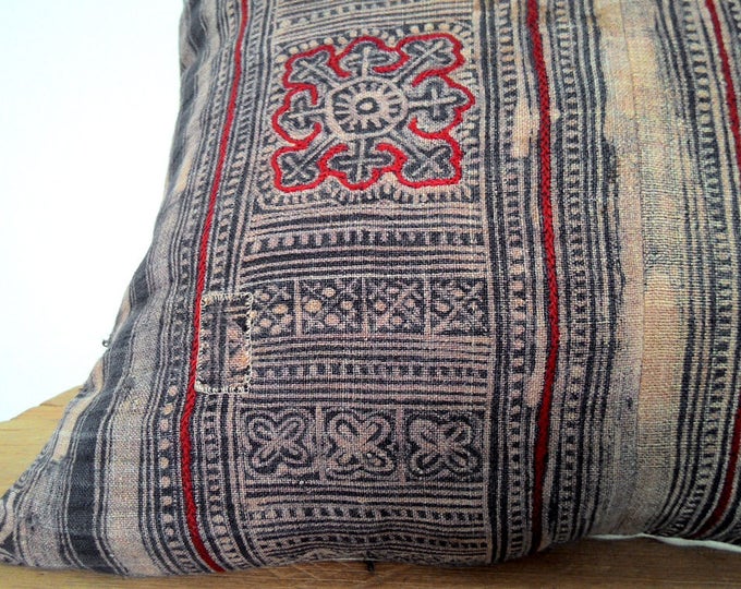 20"x20" Hmong Vintage Indigo Brown Batik Hemp Pillow Cover/ Rare Exotic Hemp Textile /Boho Pillow / Hmong Ethnic Costume Textile Pillow Case