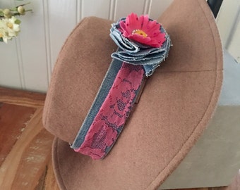 Girl's Easter hat, girls pink and denim hat, Girl's Bonnet, pink flower hat, tan floppy hat,girls sun hat, denim hat